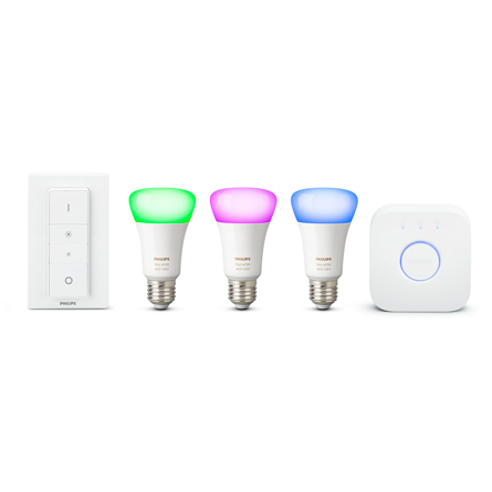 Starter Kit Philips Hue White and Color Ambience con Bridge + 3 Lampadine E27 10W + Dimmer Switch