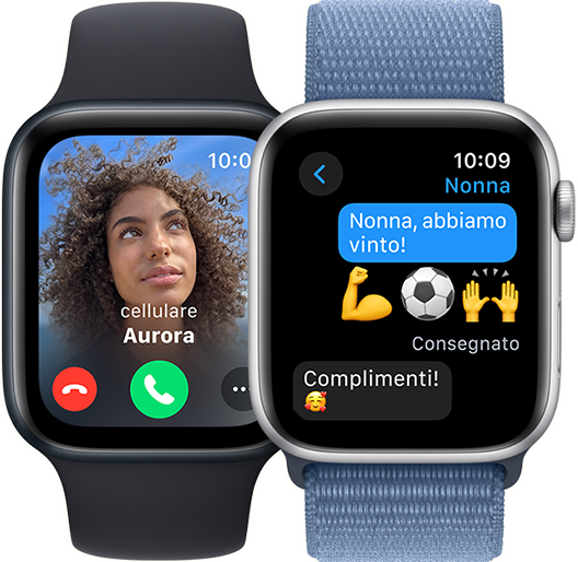 Due display di Apple Watch SE. Uno mostra una chiamata in arrivo. L’altro una conversazione di Messaggi.