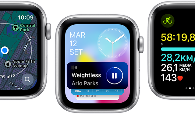 Vista frontale di alcuni display di Apple Watch SE con schermate di app aggiornate.