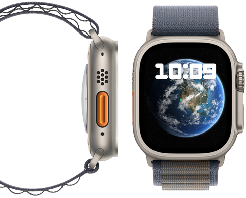 Vista frontale e laterale del nuovo Apple Watch Ultra 2 a impatto neutro