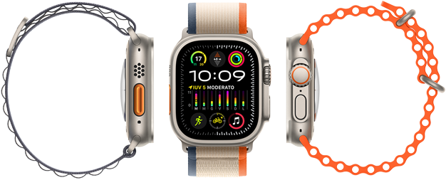 Apple Watch Ultra 2 con tre diversi tipi di cinturini compatibili, ampio display, robusta cassa in titanio, tasto Azione arancione e Digital Crown