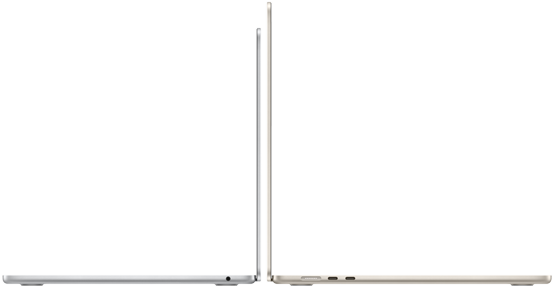 Un MacBook Air da 13 pollici e uno da 15 pollici aperti, con il retro dei display uno contro l’altro
