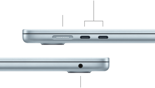 MacBook Air mostrato di lato; sul lato sinistro si notano la porta MagSafe e le due porte Thunderbolt 4, e sul lato destro il jack per cuffie
