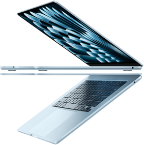 Due MacBook Air celesti aperti che riproducono la forma di una freccia, per evidenziare il profilo sottile