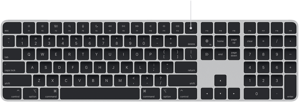 Indicatore che mostra la posizione del sensore Touch ID sulla Magic Keyboard, sopra il tasto Elimina