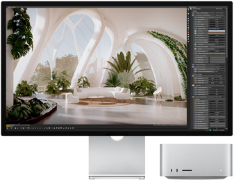 Vista anteriore di Studio Display accanto a Mac Studio