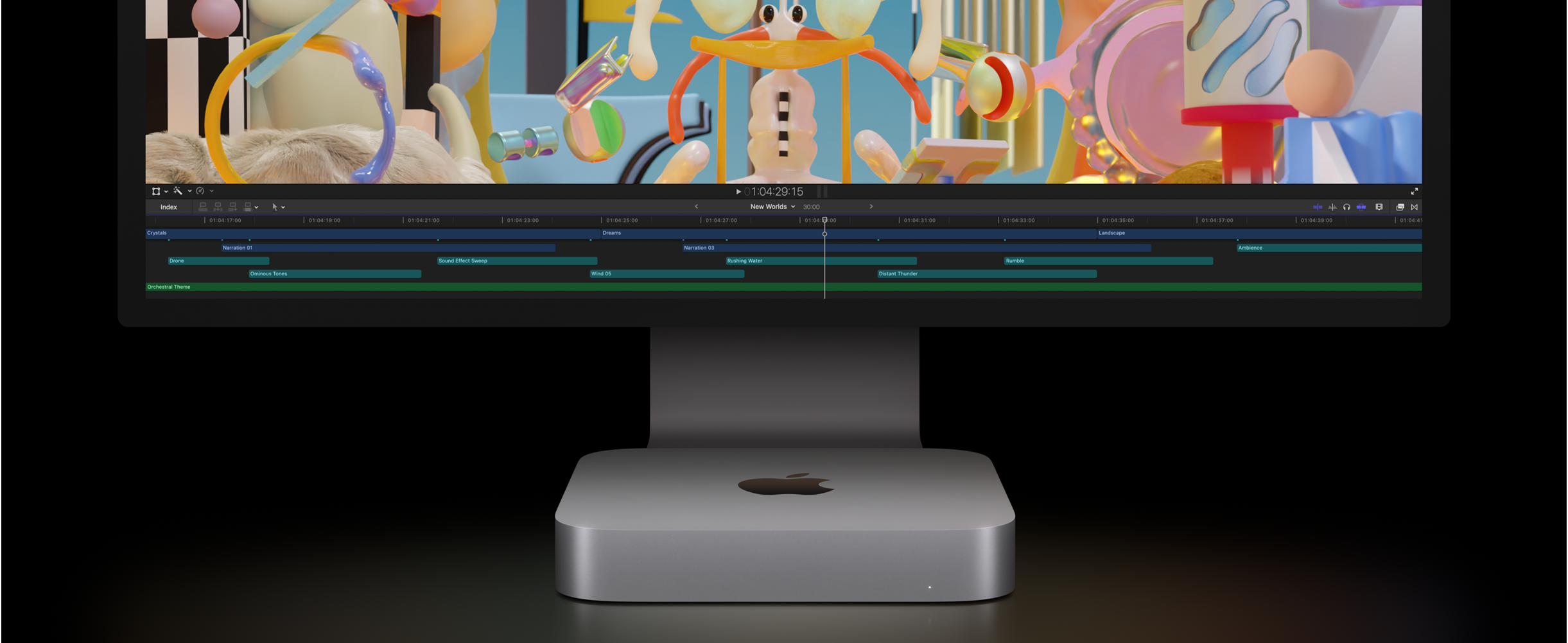 Vista anteriore di Mac mini con Studio Display che mostra un progetto di montaggio video in Final Cut Pro.