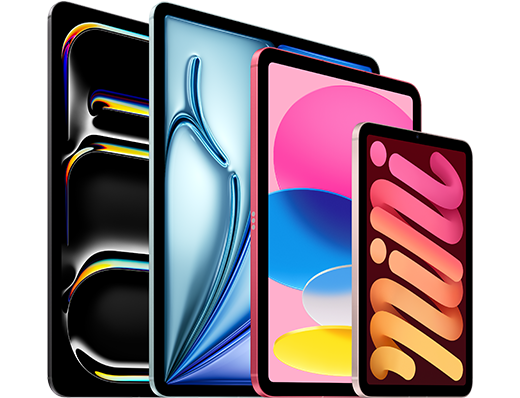 Tutti i modelli della linea iPad visti in prospettiva laterale, iPad Pro, iPad Air, iPad decima generazione, iPad nona generazione, iPad mini