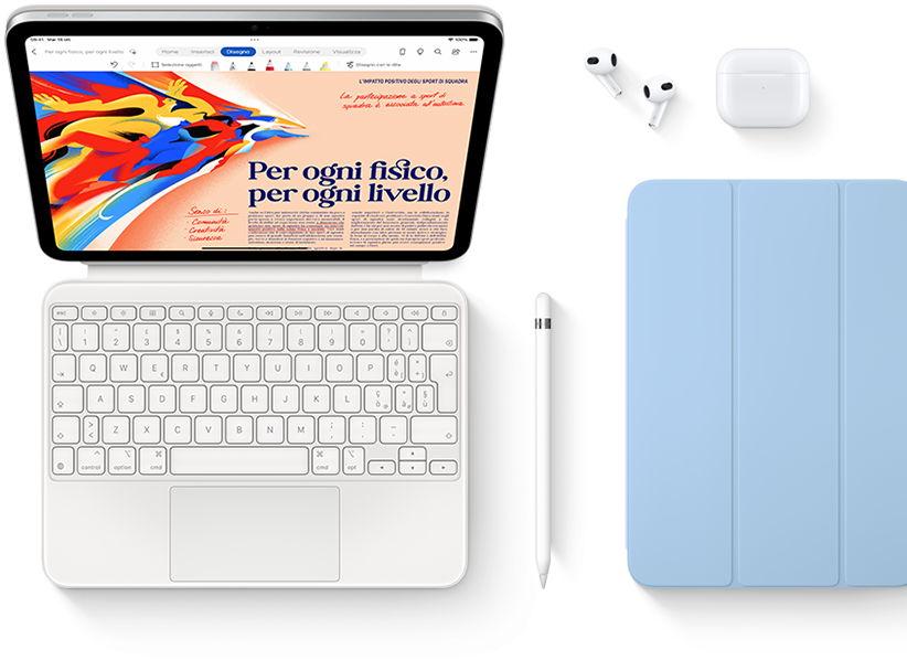 iPad, Magic Keyboard Folio, Apple Pencil, AirPods e Smart Folio.