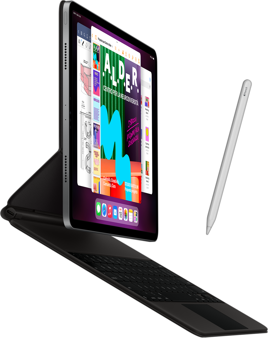 Vista laterale di un iPad Pro con una Smart Keyboard Folio agganciata e una Apple Pencil