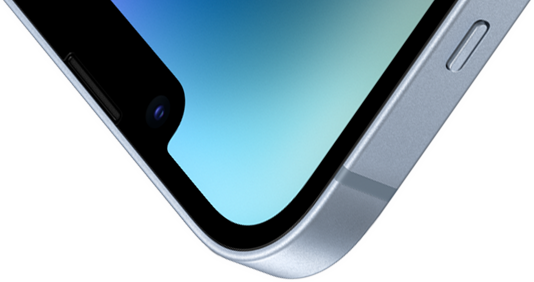 Angolo superiore sinistro di un iPhone 14 con parte frontale in Ceramic Shield.