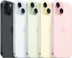 iPhone 15, vista posteriore che mostra il sistema evoluto di fotocamere e il vetro a infusione di colore in tutti i colori disponibili: nero, blu, verde, giallo e rosa.